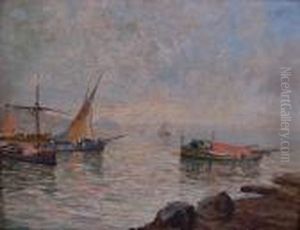 Marina Con Barche, Sullo Sfondo Il Golfo Di Napoli by Attilio Pratella