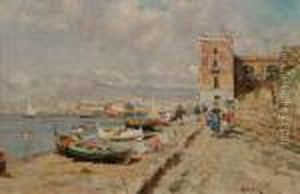Barche E Personaggi Sul Lungomare by Attilio Pratella
