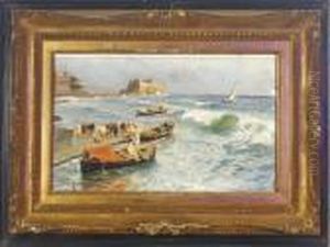 Fishermen Setting Out To Sea, Near The Castello Dell'oro,naples by Attilio Pratella
