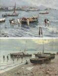 Pescatori Presso La Baia Di Napoli; And Ritorno Dei Pescatori Al Tramonto Con La Pesca by Attilio Pratella