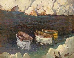 Boats Moored In A Tranquil Inlet by Attilio Pratella