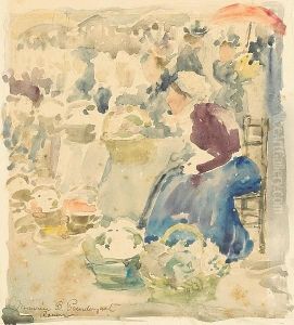 Women With Baskets At A Market In Rouen, France by Maurice Brazil Prendergast