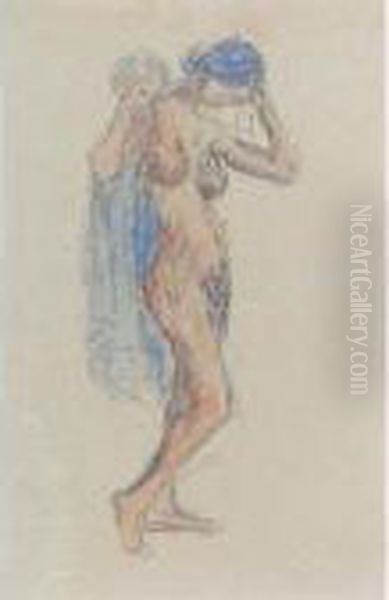 Nude Model With Drapery And Standing Female Nude: A Double-sided Drawing - view 1