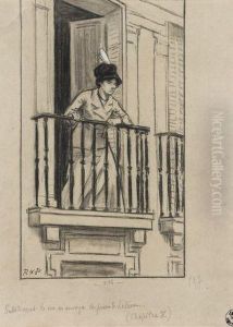Femme Au Chapeau Au Balcon by Rene Xavier Francois Prinet