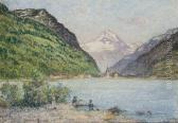 Pecheurs Devant Le Lac De Fluelen, Des Montagnes A L'arriere-plan - view 1