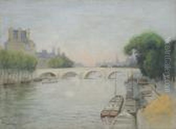 Vue Du Pont Royal Et Du Palais Du Louvre, Des Peniches Sur La Seine Au Premier Plan - view 1