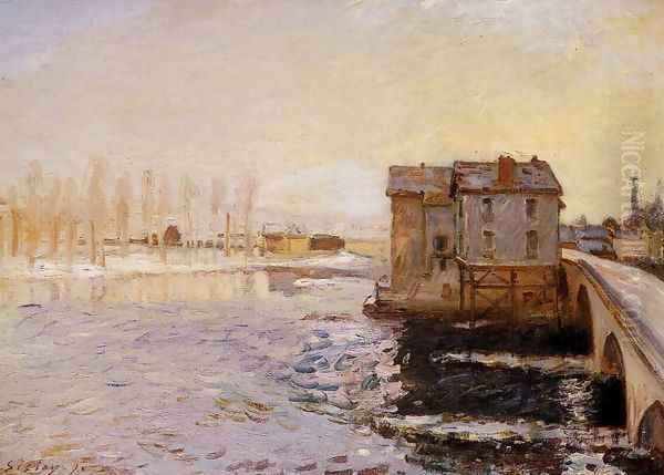 The Moret Bridge and Mills under Snow - view 1