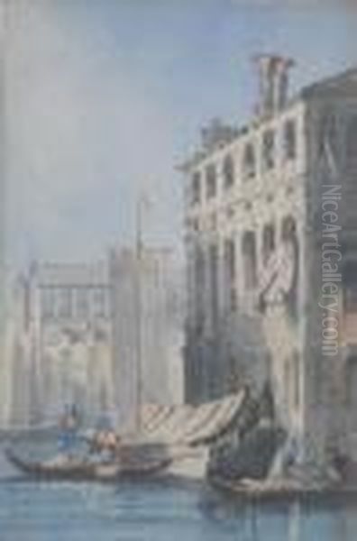Gondolas And A Barge Before A Palazzo, Venice - view 1