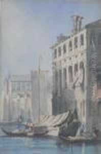 Gondolas And A Barge Before A Palazzo, Venice by Samuel Prout