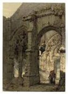 A Figure In A Ruined Cloister With Gothic Tracery by Samuel Prout