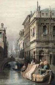 Gondalas Passing Under A Bridge On A Venetian Canal by Samuel Prout