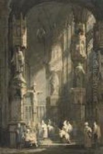 Figures At Prayer Inside A Cathedral by Samuel Prout