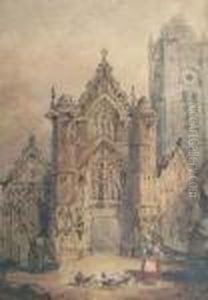 A Girl With Chickens Outsidecathedral Gate Way by Samuel Prout