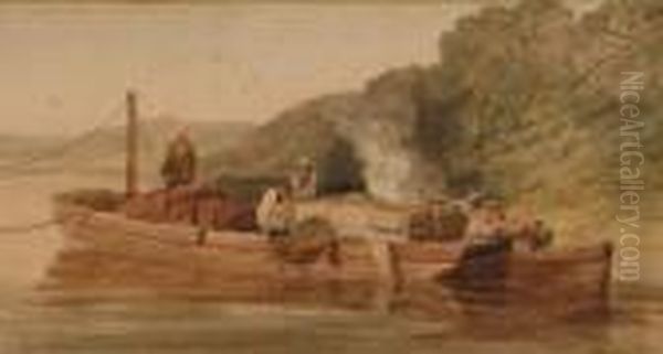 Four Men In A River Barge Taking A Load Upstream - view 1