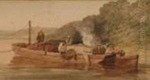 Four Men In A River Barge Taking A Load Upstream by Samuel Prout
