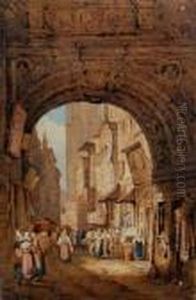 Figures In A Busy Northern European Street Scene by Samuel Prout