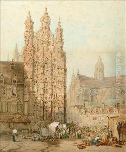 The City Hall And Cathedral At Leuven In Belgium by Samuel Prout