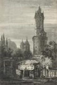 A Woman At A Water Trough, The Round Tower Beyond, Andernach,germany
