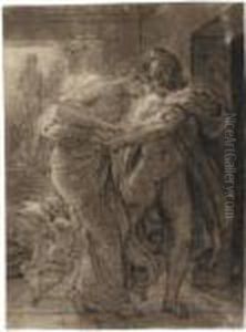 A Couple Embracing, With Cupid Tugging At The Woman's Skirts by Pierre-Paul Prud'hon