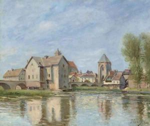 Le pont et les moulins de Moret sur Loing by Alfred Sisley