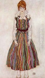Portrait Of Edith Schiele In A Striped Dress