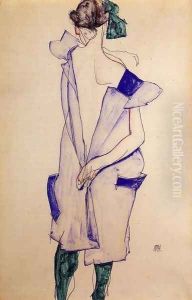 Standing Girl In A Blue Dress And Green Stockings Back View