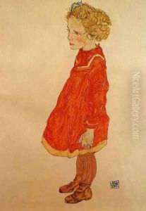 Little Girl With Blond Hair In A Red Dress