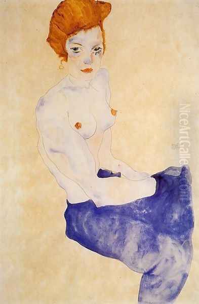 Seated Girl With Bare Torso And Light Blue Skirt - view 1