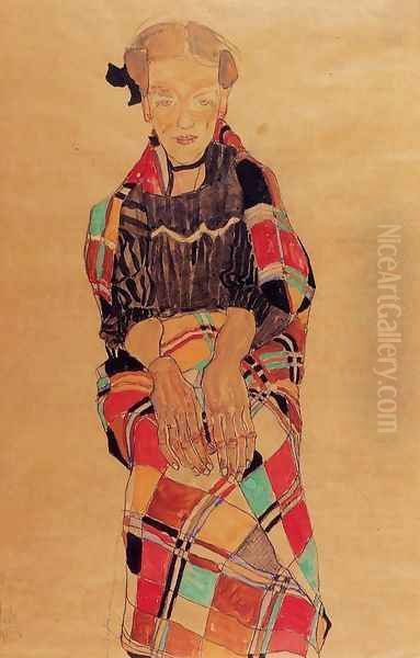 Girl In Black Pinafore Wrapped In Plaid Blanket - view 1