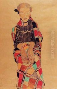 Girl In Black Pinafore Wrapped In Plaid Blanket
