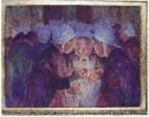 Trois Jeunes Bretonnes Allumant 
Leur Cierge Avant La Procession Aquarelle Gouachee Signee En Haut A 
Gauche by Ferdinand Loyen Du Puigaudeau