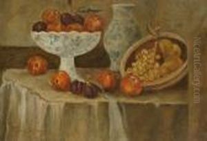 Still Life Of Fruit And Blue And White Porcelain On A Table by Pierre-Cecile Puvis De Chavannes