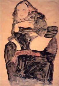 Seated Girl With Raised Left Leg by Egon Schiele