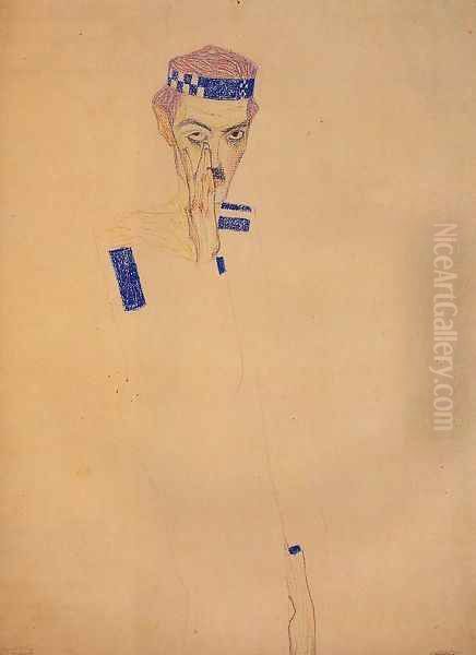 Man With Blue Headband And Hand On Cheek - view 1