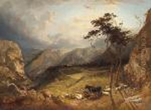An Extensive Mountainous Landscape With Cattle And Sheep In The Foreground - view 1