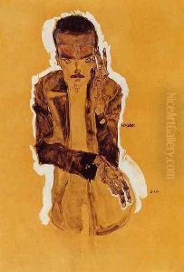 Portrait Of Eduard Kismack With Raised Left Hand by Egon Schiele
