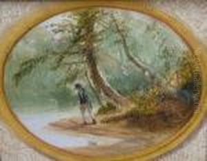 Fisherman In A Tranquil River Scene by James Baker Pyne