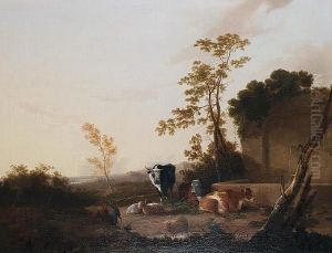 Cattle, Goats And Sheep At A Well by James Baker Pyne
