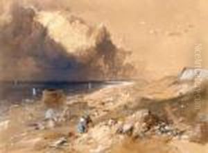 Figures Walking On The Cliffs Above Sandgate, Kent by James Baker Pyne