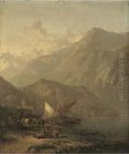 Mountainous Lake Landscape With Figures And Boats In The Foreground And A Villa Beyond
