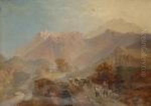 Figures Crossing A Bridge In An Alpine Landscape