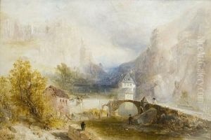 A Rocky River Landscape With Figures By A Bridge