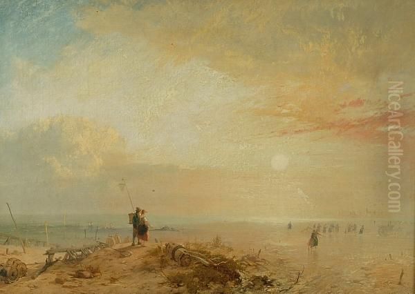 Shrimpers Retreating From The Tide At Sunset - view 1