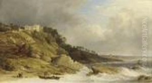 Fishermen Landing A Boat Before A Clifftop Country House by James Baker Pyne