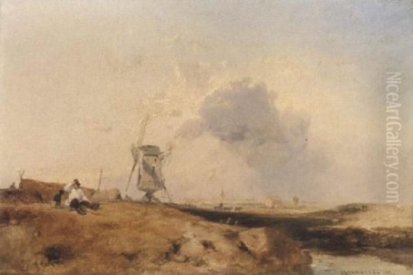 A Figure Seated Beside A Windmill, Sandwich, On The Kent Coast - view 1