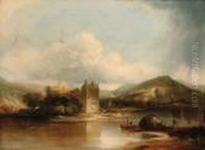 Figures Boating On A Lake, A Ruined Castle Beyond