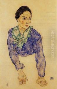 Portrait Of A Woman With Blue And Green Scarf by Egon Schiele
