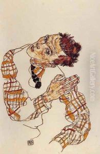 Self Portrait in Checkered Shirt by Egon Schiele