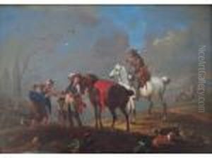 A Cavalier And A Huntsman Meeting Beggars by August Querfurt