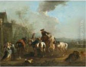 A Hunting Party At Rest With A Huntsman Caressing An Elegant Lady by August Querfurt